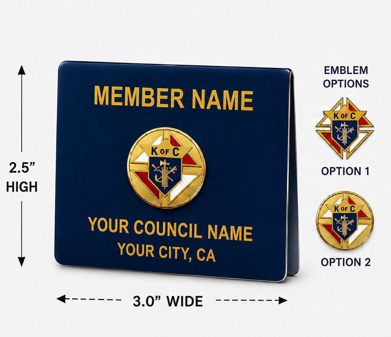 Layout of a navy folded pocket name badge with the member’s name, a round gold emblem, and the council name and city in gold, beside two emblem options
