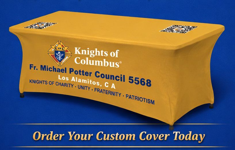 Illustration of a gold stretch table cover printed with the Knights of Columbus emblem and Fr. Michael Potter Council 5568, Los Alamitos, CA, with QR codes on top